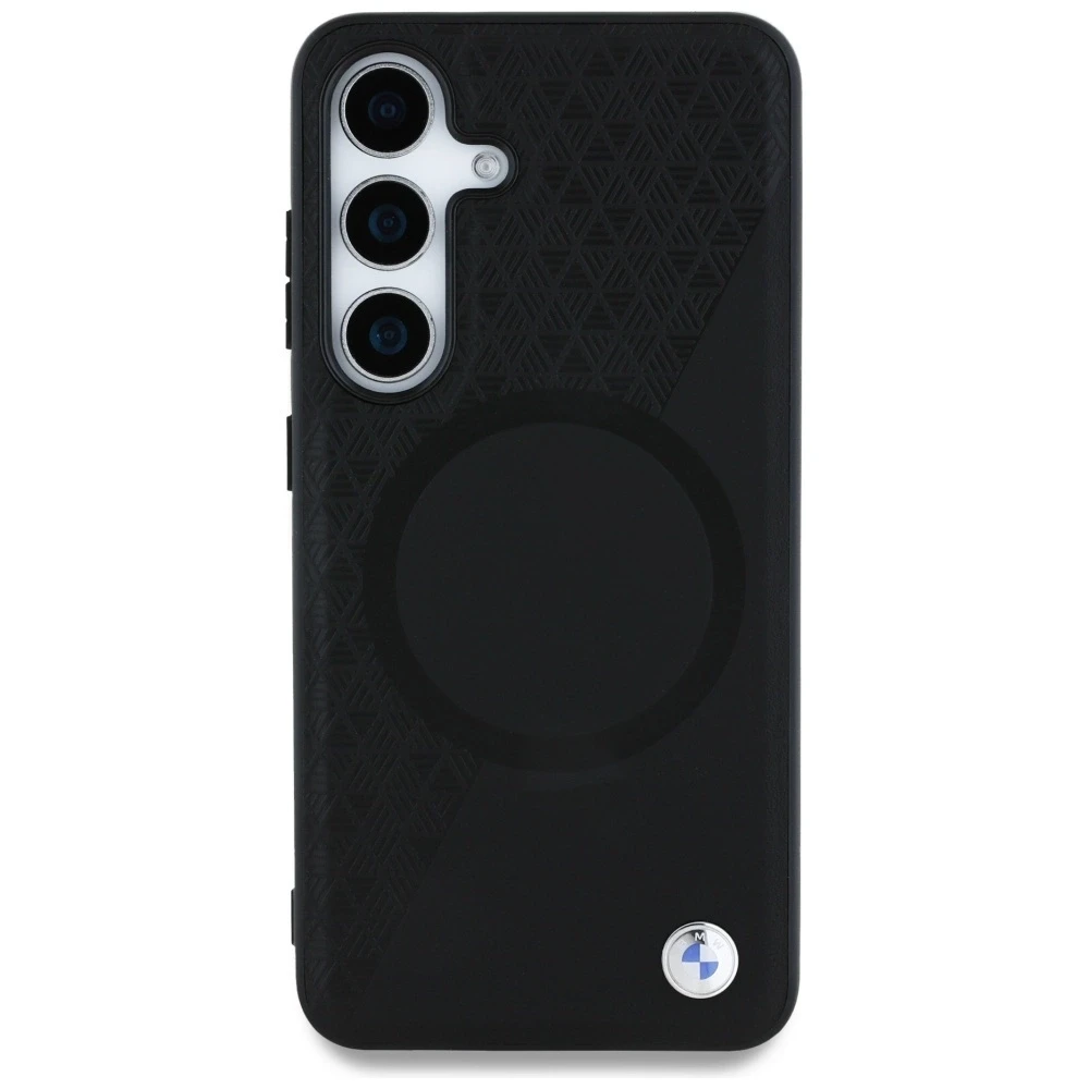 Dėklas BMW Leather Half Textured MagSafe Samsung Galaxy S25 juodos spalvos