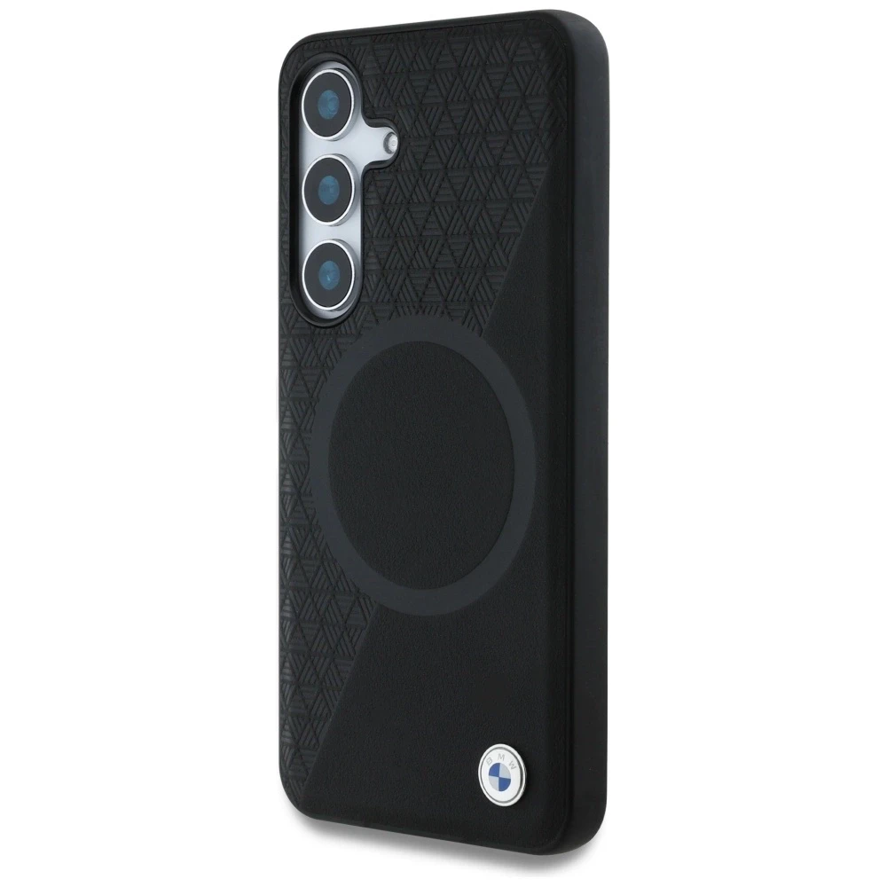 Dėklas BMW Leather Half Textured MagSafe Samsung Galaxy S25 juodos spalvos