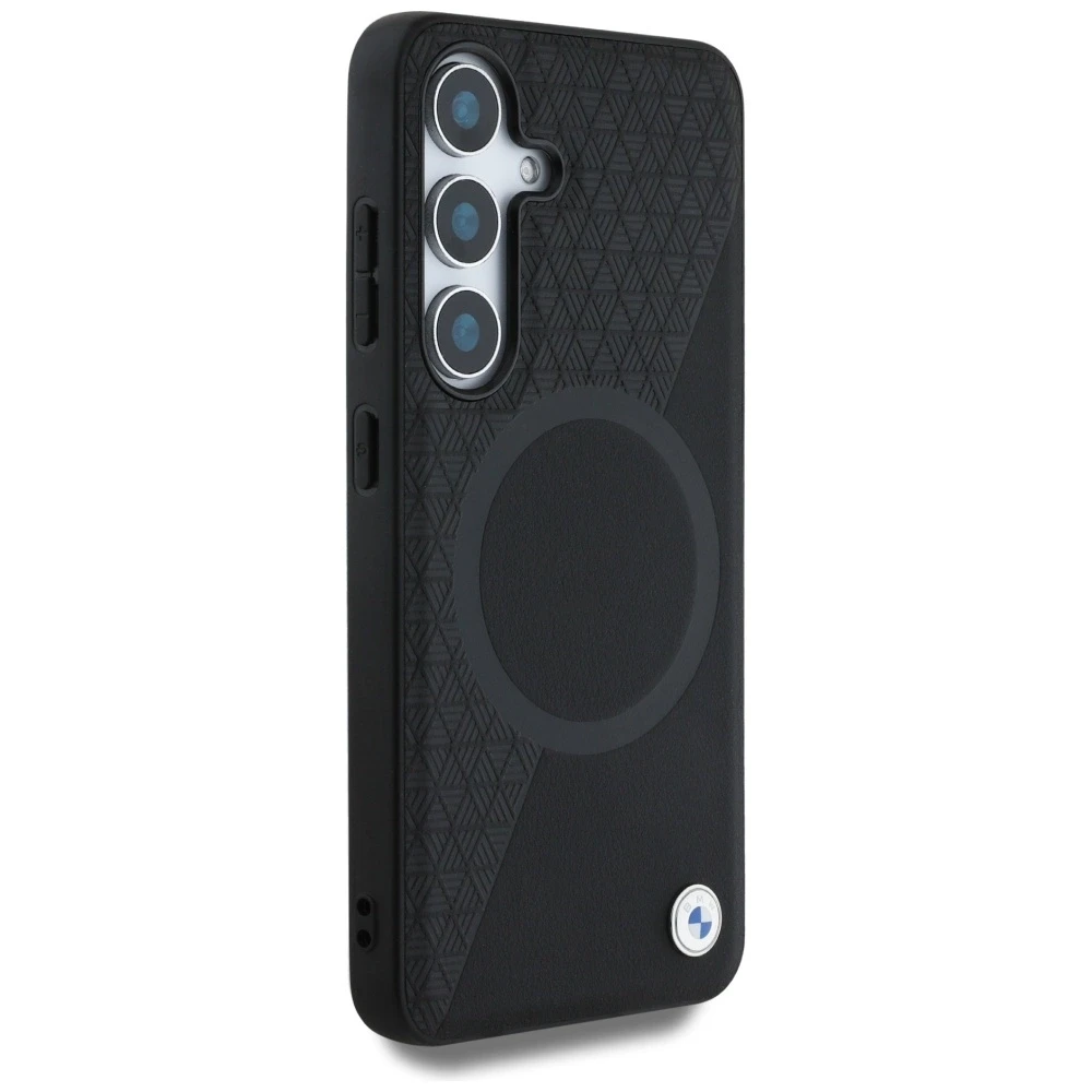 Dėklas BMW Leather Half Textured MagSafe Samsung Galaxy S25 juodos spalvos