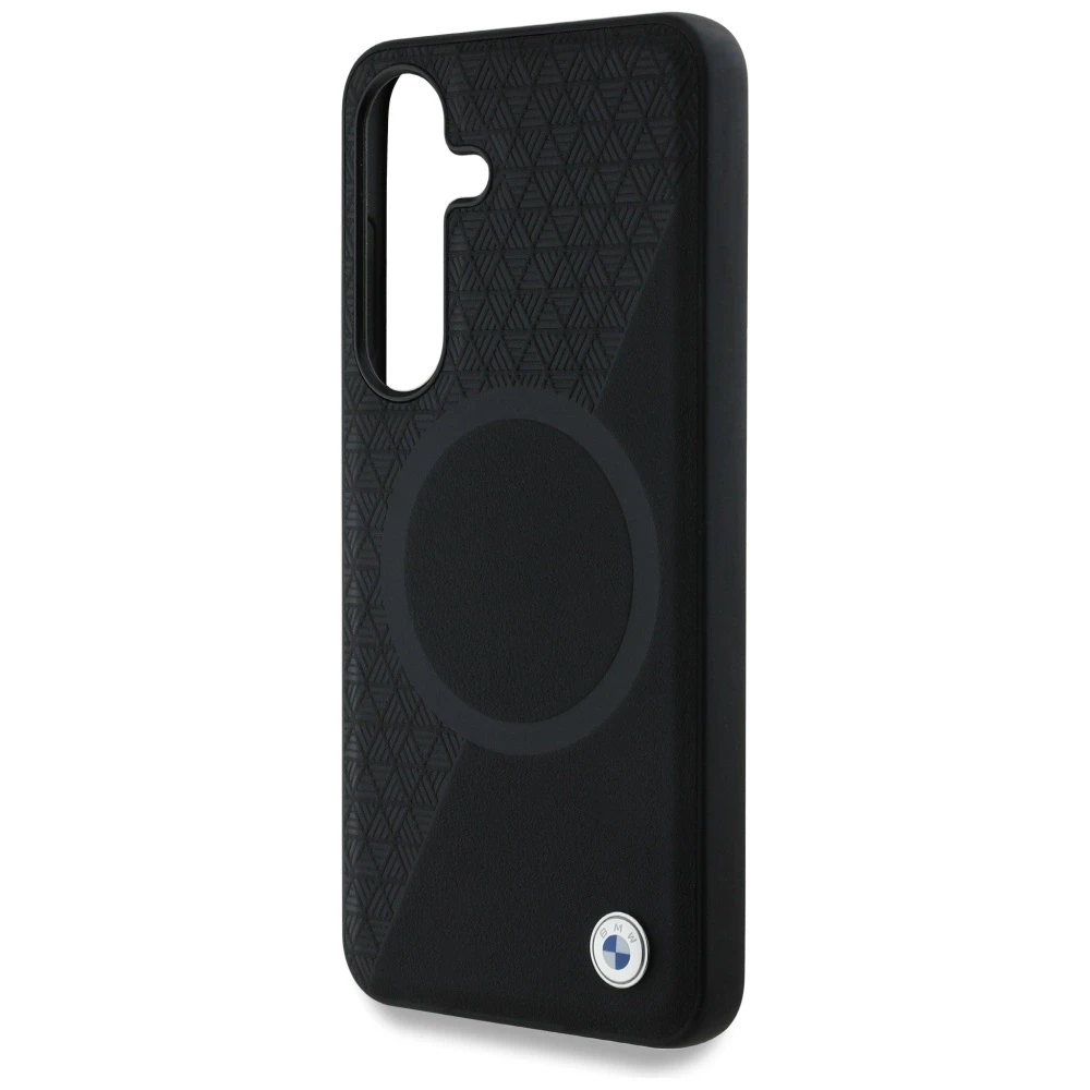 Dėklas BMW Leather Half Textured MagSafe Samsung Galaxy S25 juodos spalvos