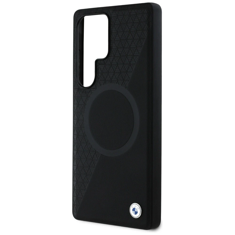 Dėklas BMW Leather Half Textured MagSafe Samsung Galaxy S25 Ultra juodos spalvos