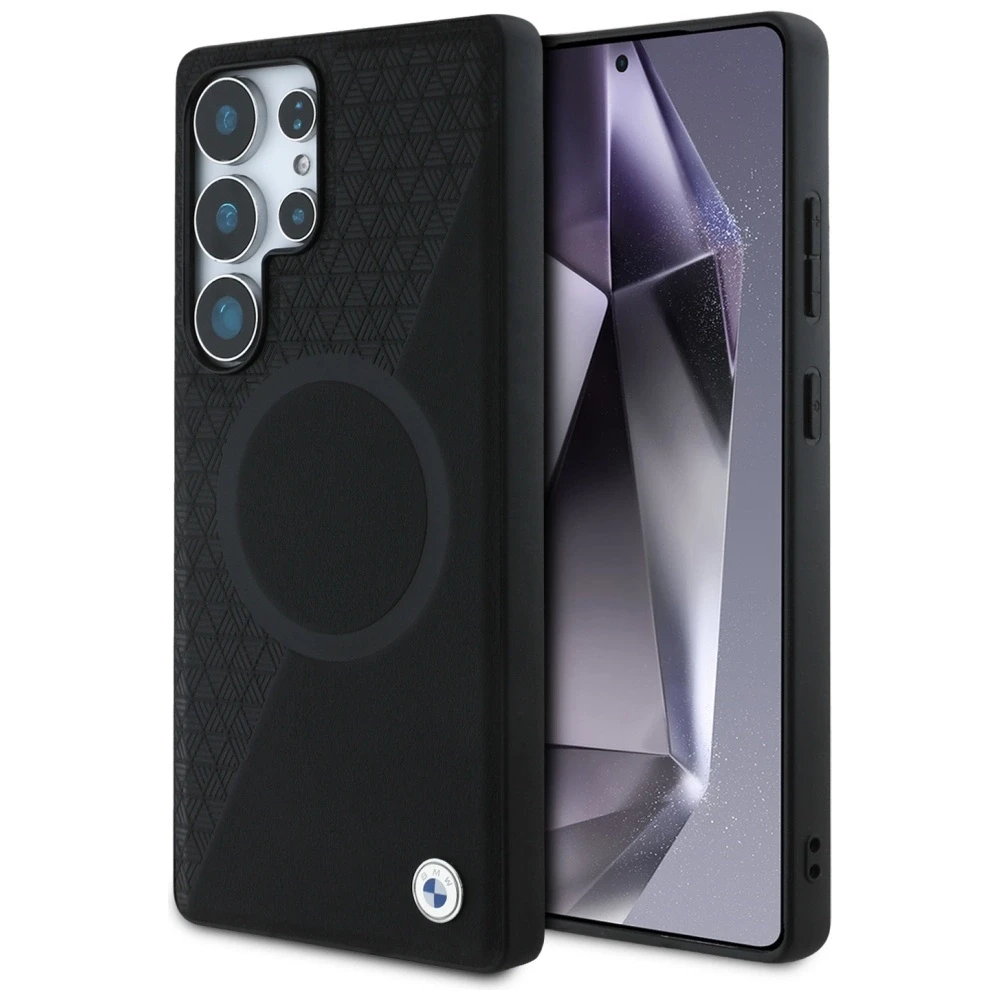 Dėklas BMW Leather Half Textured MagSafe Samsung Galaxy S25 Ultra juodos spalvos