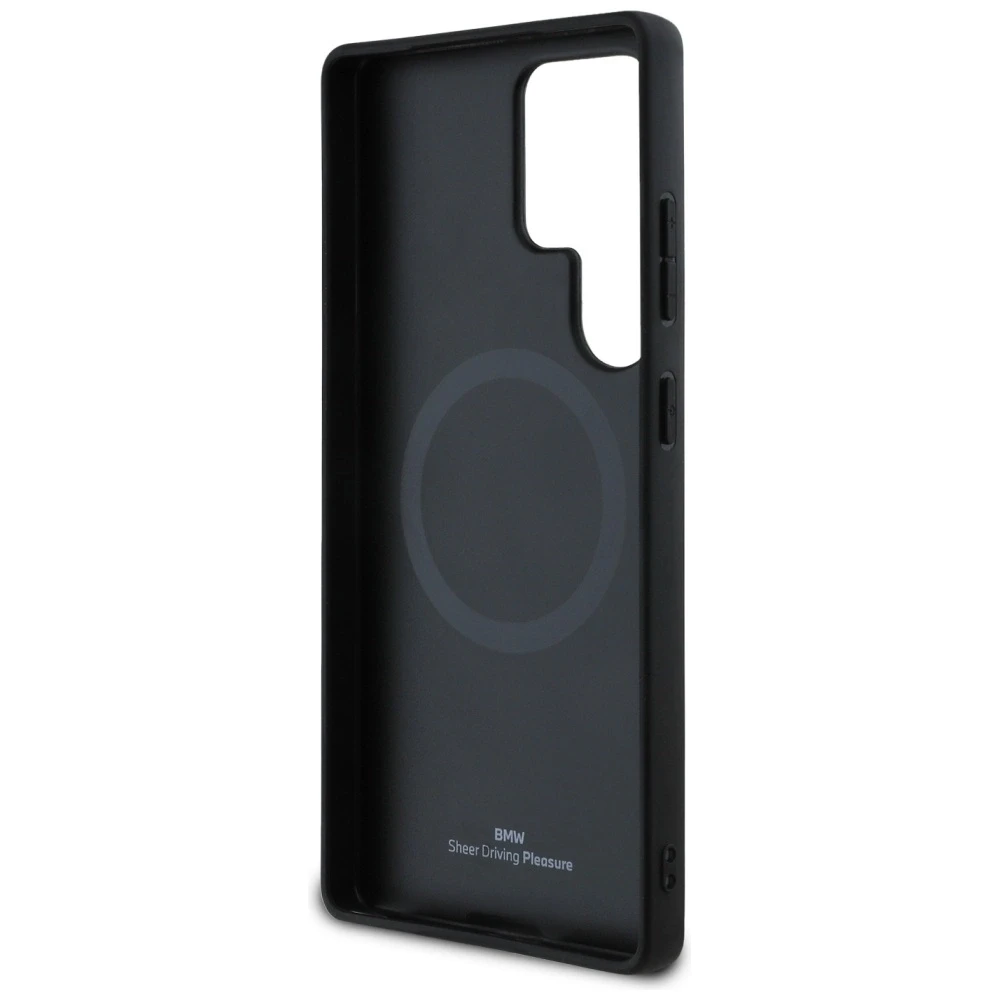 Dėklas BMW Leather Half Textured MagSafe Samsung Galaxy S25 Ultra juodos spalvos