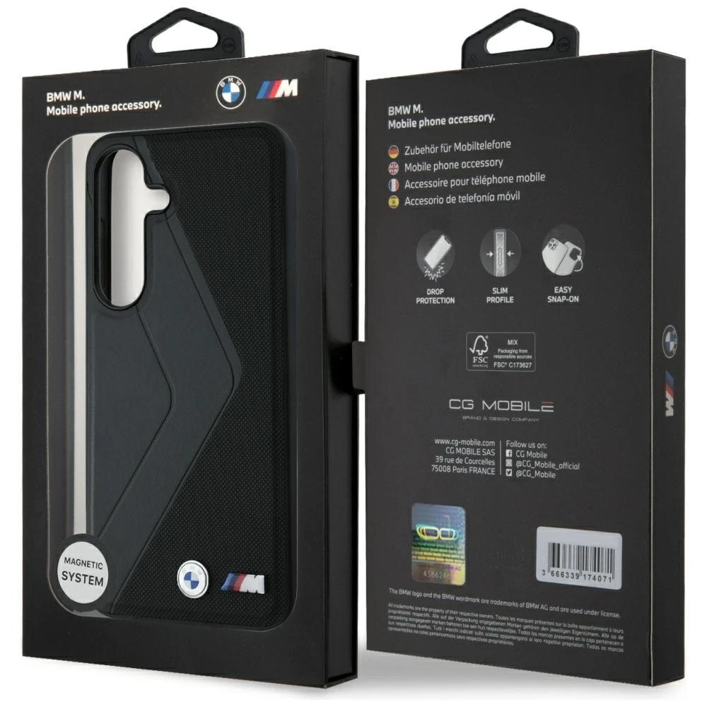 Dėklas BMW Leather Oversized Stripes MagSafe Samsung Galaxy S25 juodos spalvos