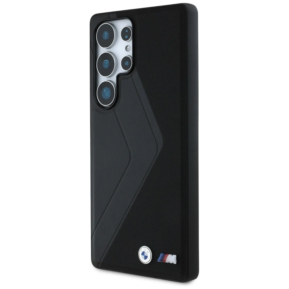 Dėklas BMW Leather Oversized Stripes MagSafe Samsung Galaxy S25 Ultra juodos spalvos