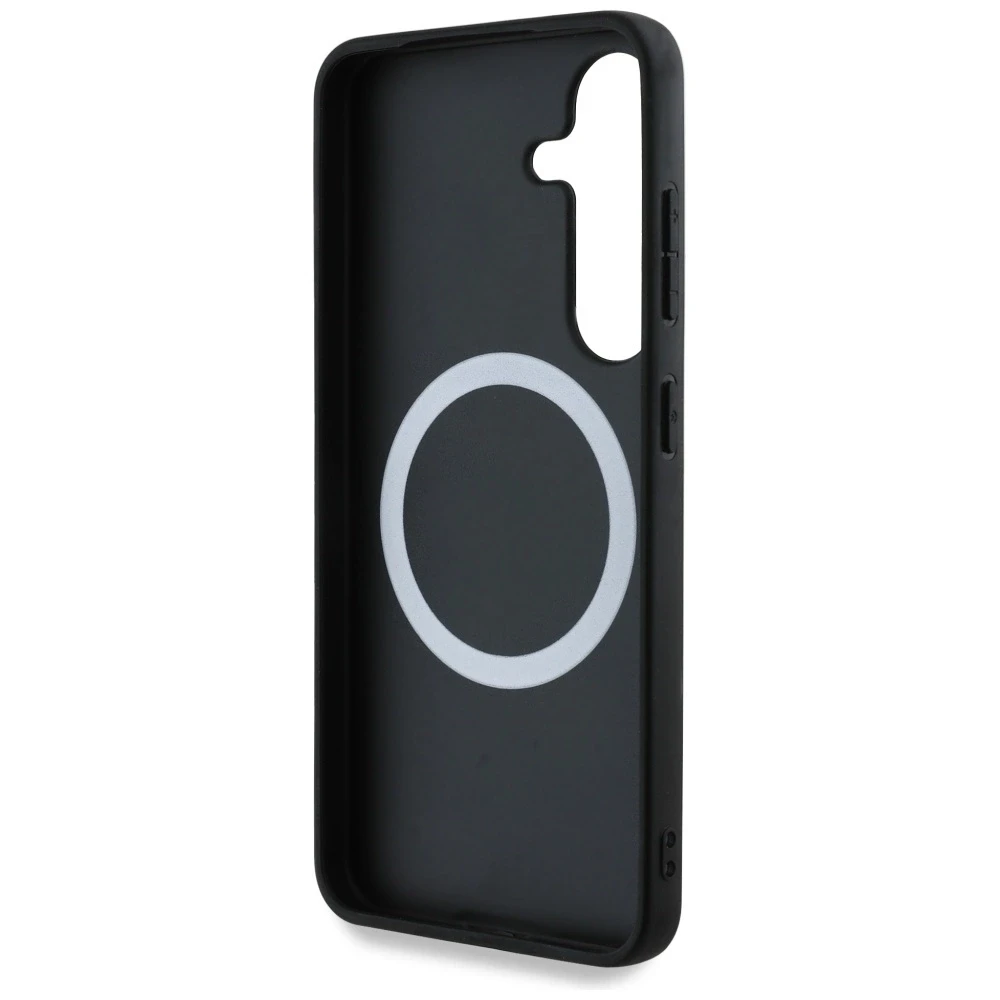 Dėklas BMW Leather Oversized Stripes MagSafe Samsung Galaxy S25 juodos spalvos