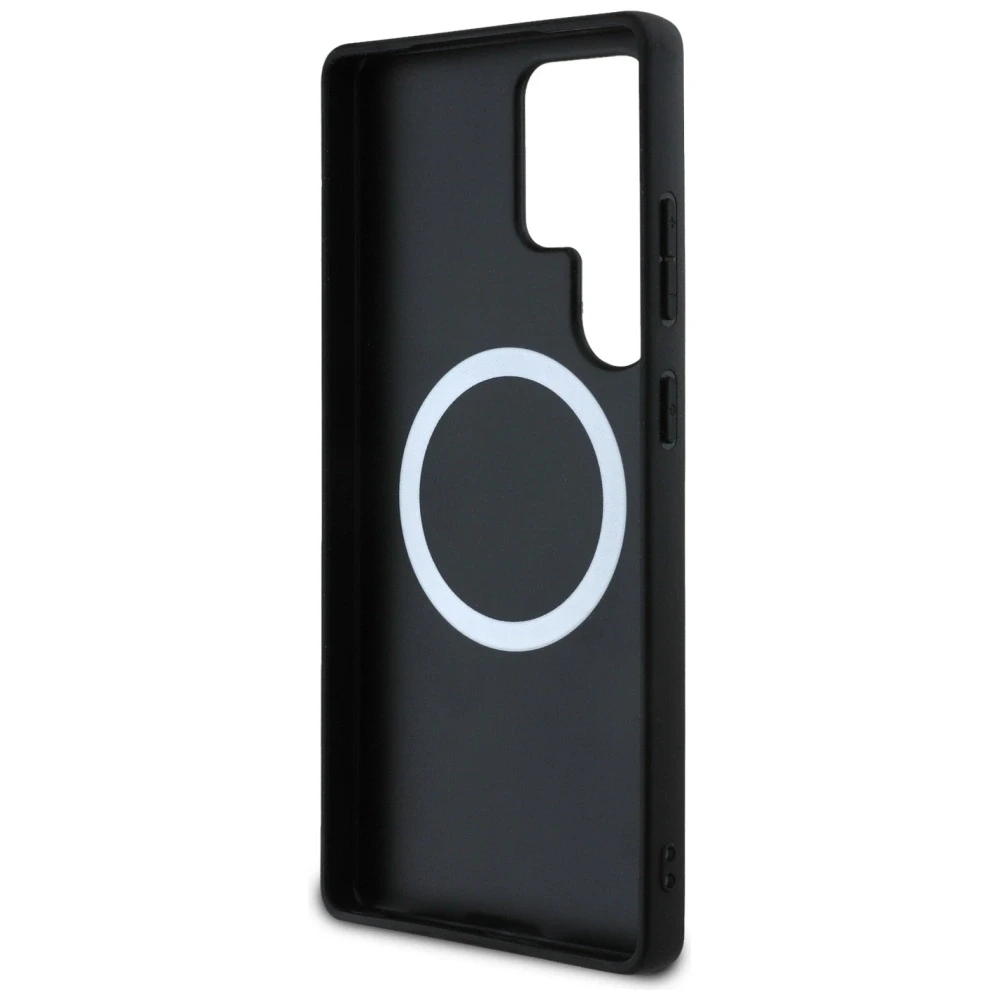 Dėklas BMW Leather Oversized Stripes MagSafe Samsung Galaxy S25 Ultra juodos spalvos