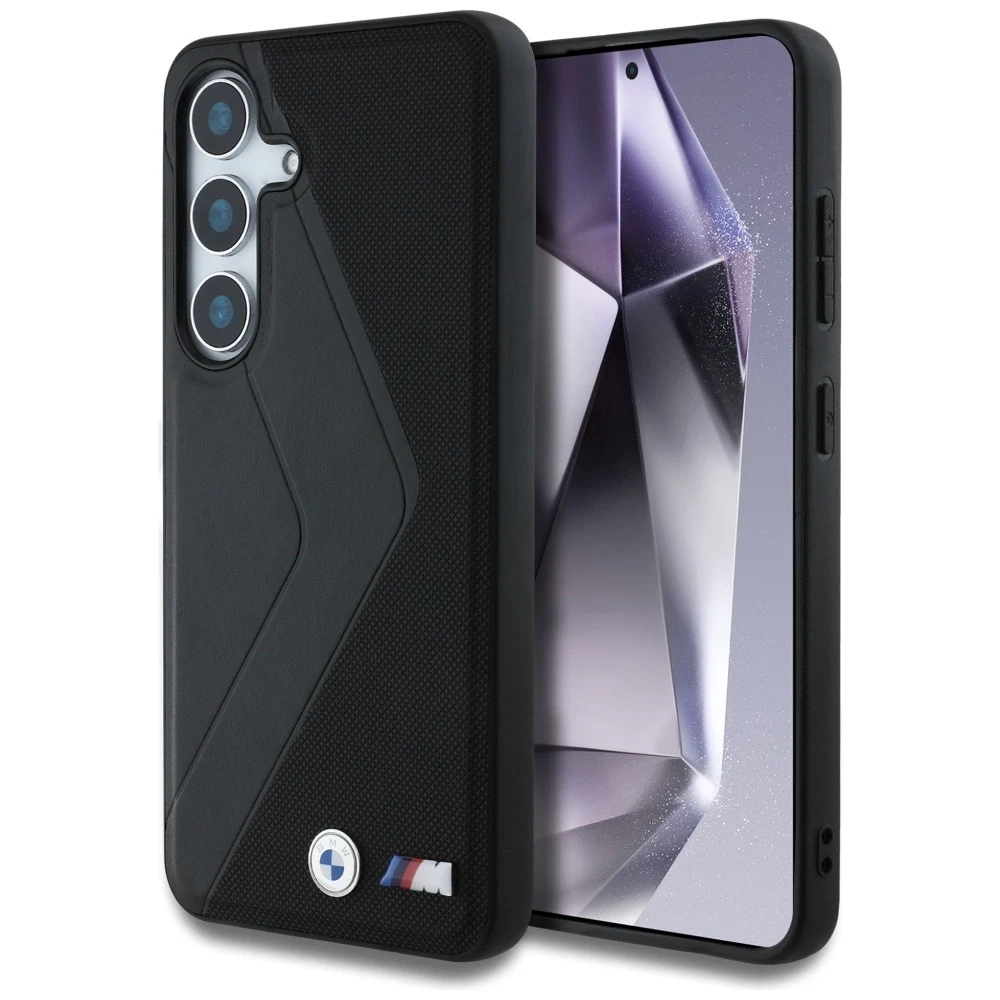 Dėklas BMW Leather Oversized Stripes MagSafe Samsung Galaxy S25 juodos spalvos