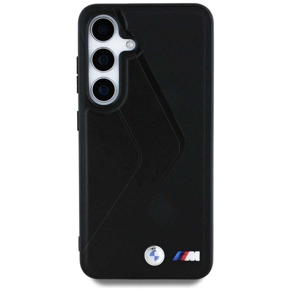 Dėklas BMW Leather Oversized Stripes MagSafe Samsung Galaxy S25 juodos spalvos