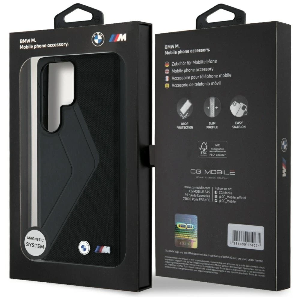 Dėklas BMW Leather Oversized Stripes MagSafe Samsung Galaxy S25 Ultra juodos spalvos