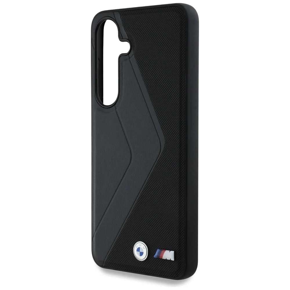Dėklas BMW Leather Oversized Stripes MagSafe Samsung Galaxy S25 juodos spalvos
