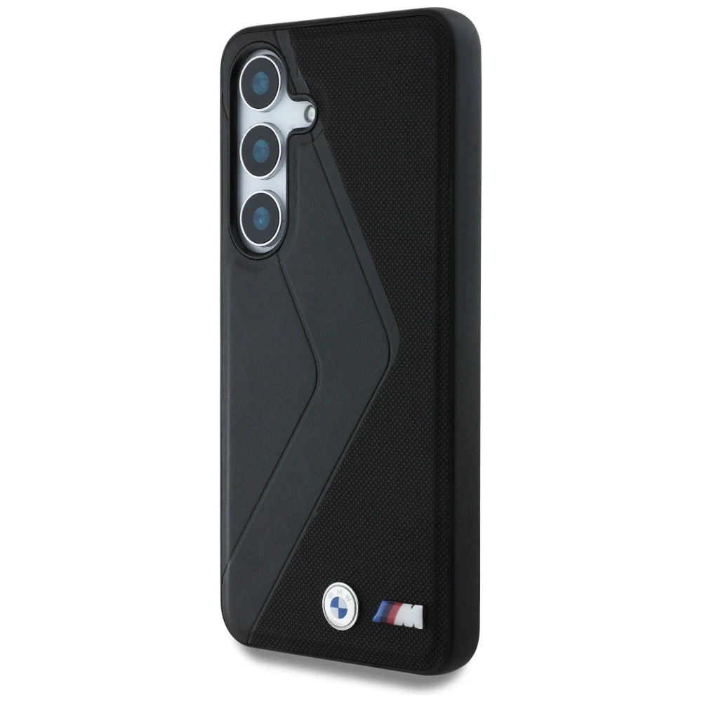 Dėklas BMW Leather Oversized Stripes MagSafe Samsung Galaxy S25 juodos spalvos