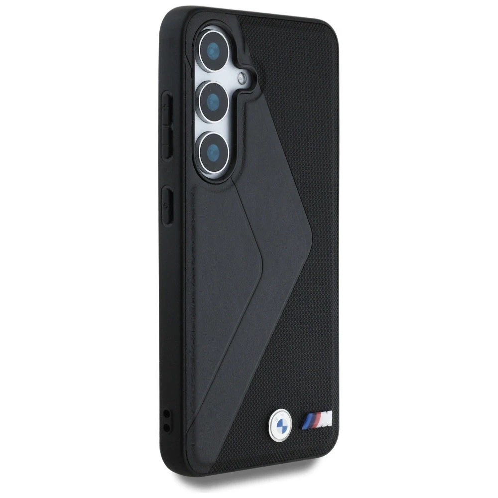 Dėklas BMW Leather Oversized Stripes MagSafe Samsung Galaxy S25 juodos spalvos