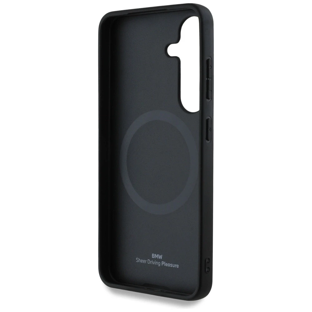 Dėklas BMW Leather Textured and Smooth MagSafe Samsung Galaxy S25 juodos spalvos