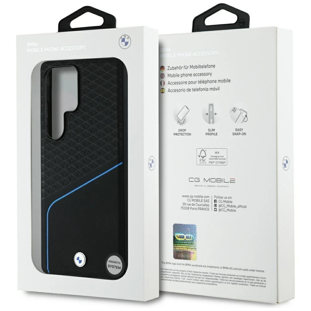 Dėklas BMW Leather Textured and Smooth MagSafe Samsung Galaxy S25 Ultra juodos spalvos