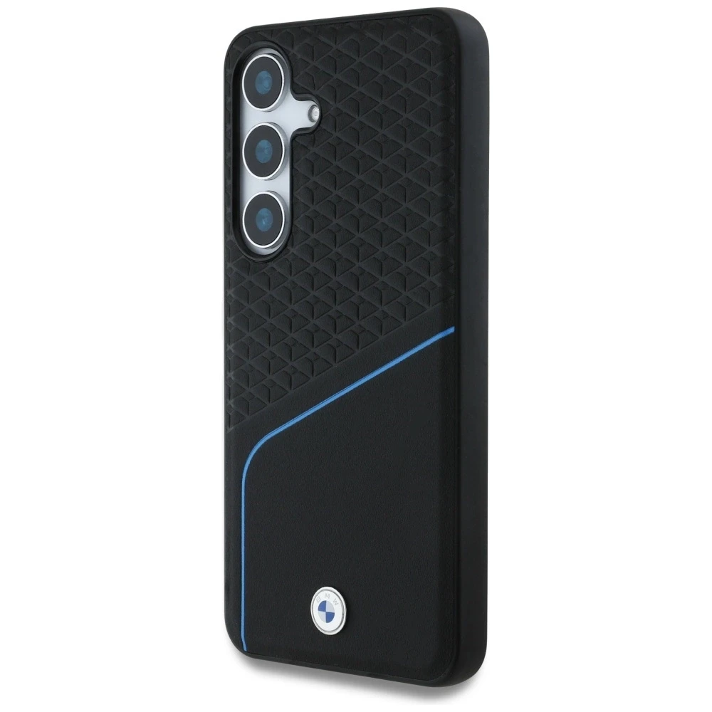 Dėklas BMW Leather Textured and Smooth MagSafe Samsung Galaxy S25 juodos spalvos