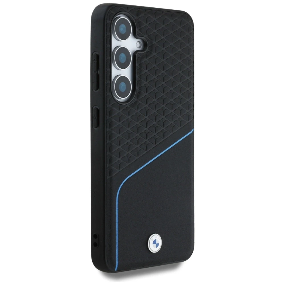 Dėklas BMW Leather Textured and Smooth MagSafe Samsung Galaxy S25 juodos spalvos