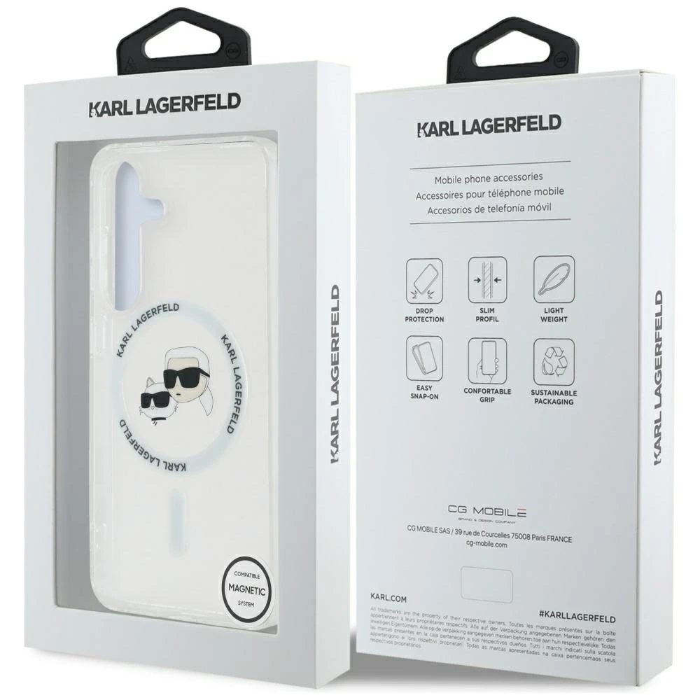 Karl Lagerfeld Button Karl & Choupette Heads Printed Logo MagSafe Samsung Galaxy S25 dėklas telefonui baltos spalvos