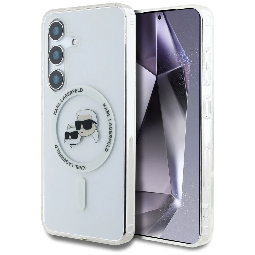 Karl Lagerfeld Button Karl & Choupette Heads Printed Logo MagSafe Samsung Galaxy S25 dėklas telefonui baltos spalvos