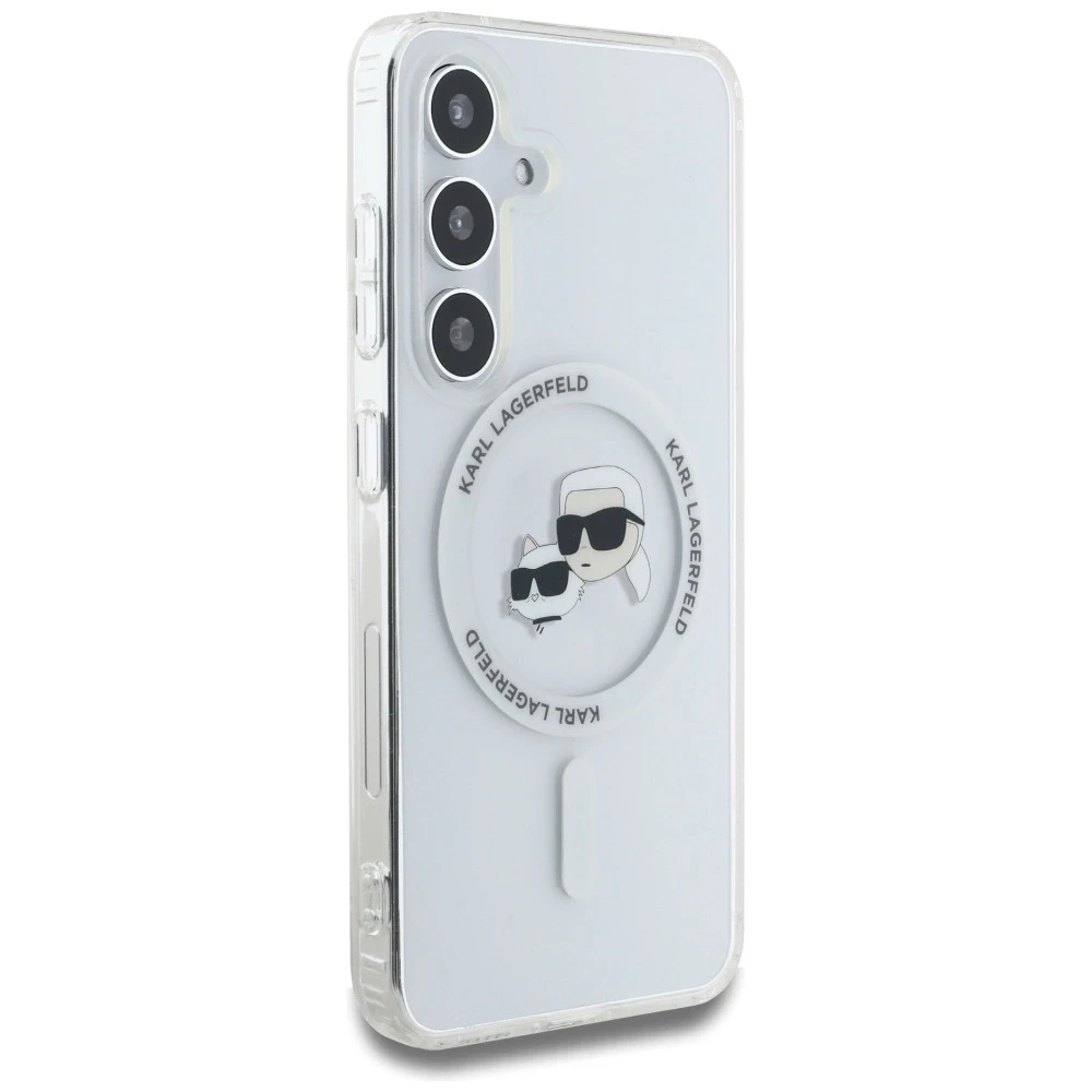Karl Lagerfeld Button Karl & Choupette Heads Printed Logo MagSafe Samsung Galaxy S25 dėklas telefonui baltos spalvos