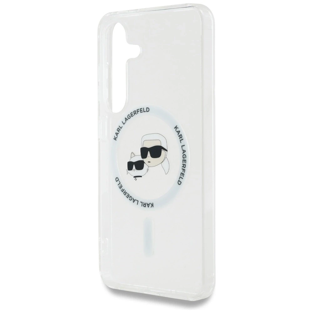Karl Lagerfeld Button Karl & Choupette Heads Printed Logo MagSafe Samsung Galaxy S25 dėklas telefonui baltos spalvos
