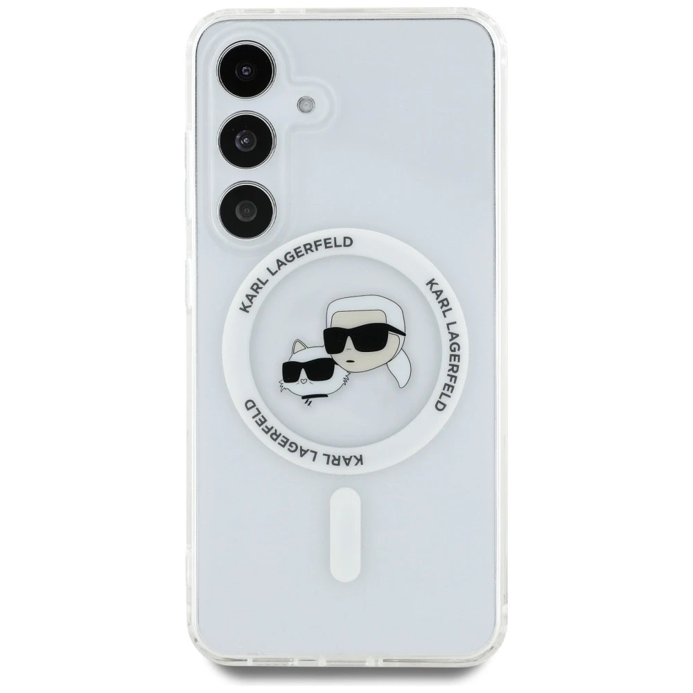 Karl Lagerfeld Button Karl & Choupette Heads Printed Logo MagSafe Samsung Galaxy S25 dėklas telefonui baltos spalvos