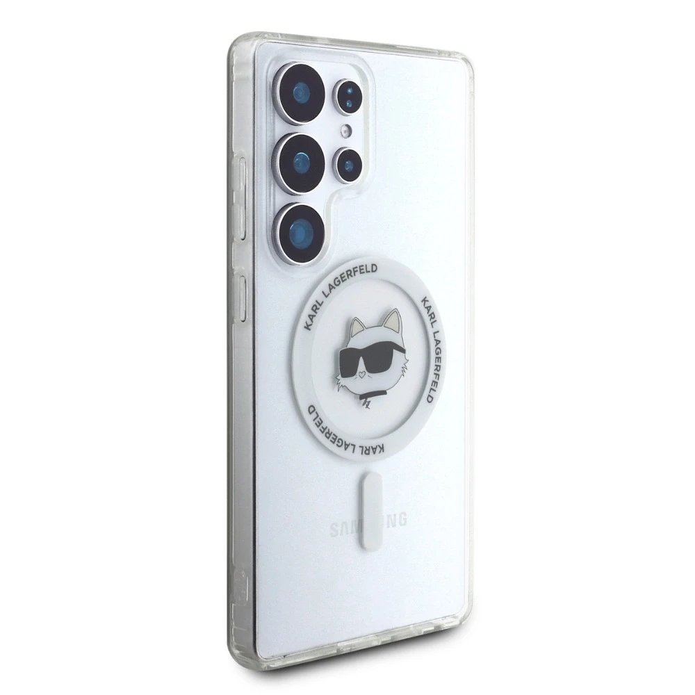 Dėklas Karl Lagerfeld Button Choupette Head Printed Logo MagSafe Samsung Galaxy S25 Ultra baltas