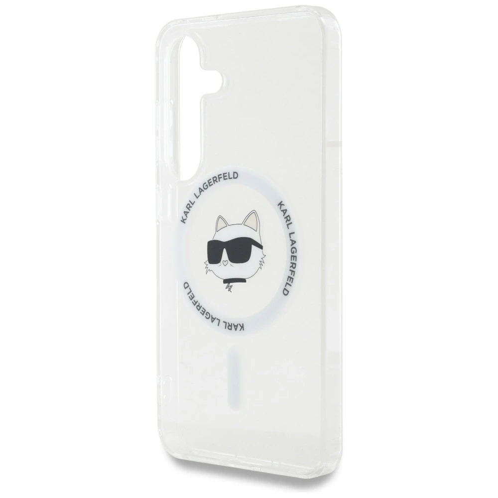 Dėklas Karl Lagerfeld Button Choupette Head Printed Logo MagSafe Samsung Galaxy S25 baltos spalvos