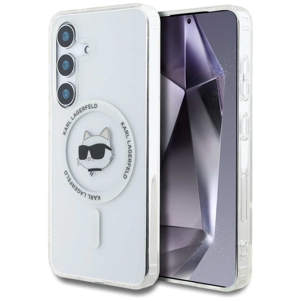 Dėklas Karl Lagerfeld Button Choupette Head Printed Logo MagSafe Samsung Galaxy S25 baltos spalvos