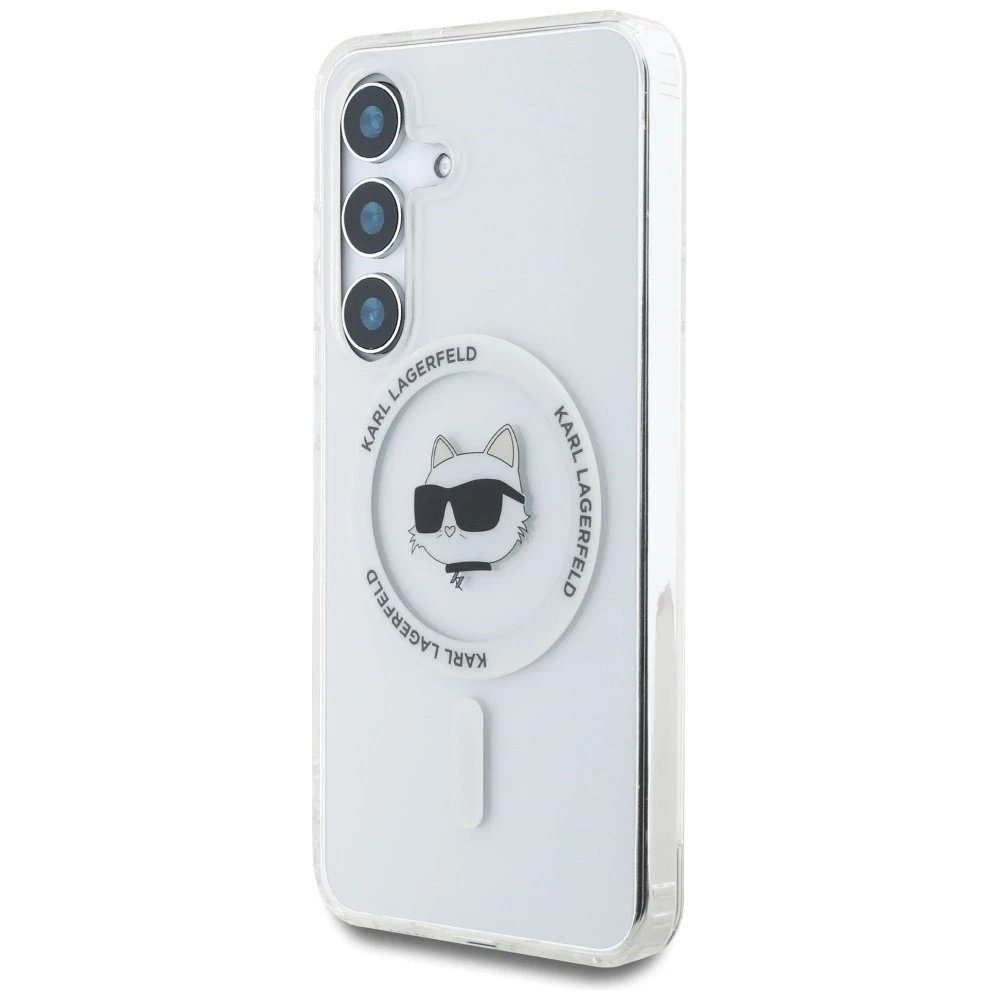 Dėklas Karl Lagerfeld Button Choupette Head Printed Logo MagSafe Samsung Galaxy S25 baltos spalvos