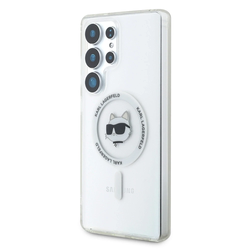 Dėklas Karl Lagerfeld Button Choupette Head Printed Logo MagSafe Samsung Galaxy S25 Ultra baltas