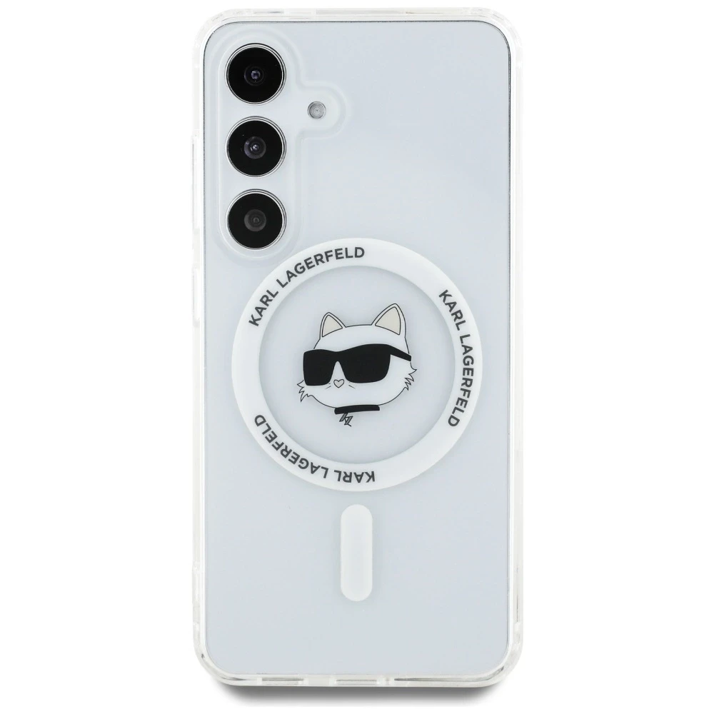 Dėklas Karl Lagerfeld Button Choupette Head Printed Logo MagSafe Samsung Galaxy S25 baltos spalvos