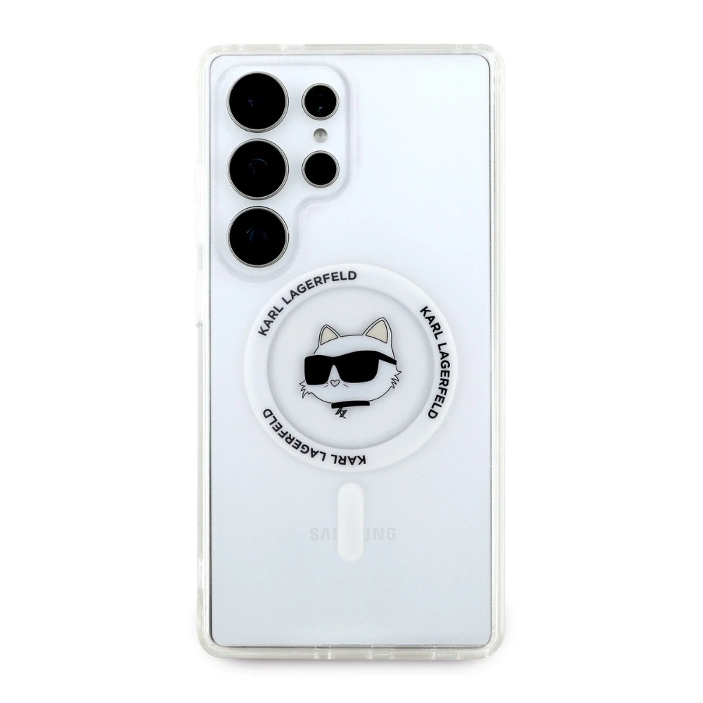 Dėklas Karl Lagerfeld Button Choupette Head Printed Logo MagSafe Samsung Galaxy S25 Ultra baltas