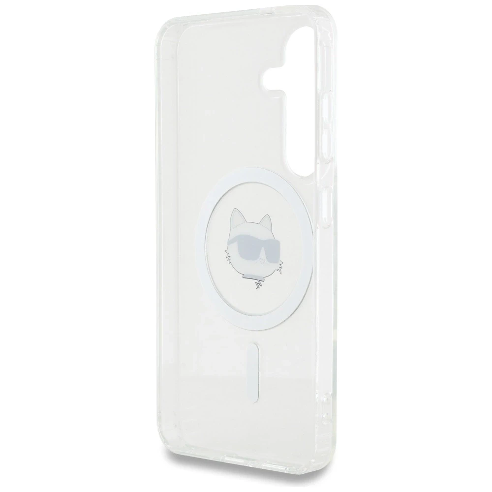 Dėklas Karl Lagerfeld Button Choupette Head Printed Logo MagSafe Samsung Galaxy S25 baltos spalvos