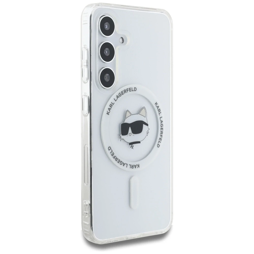 Dėklas Karl Lagerfeld Button Choupette Head Printed Logo MagSafe Samsung Galaxy S25 baltos spalvos