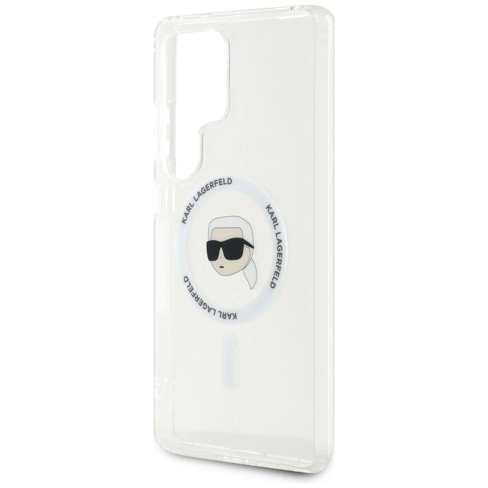 Dėklas Karl Lagerfeld Button Karl Head Printed Logo MagSafe Samsung Galaxy S25 Ultra baltos spalvos