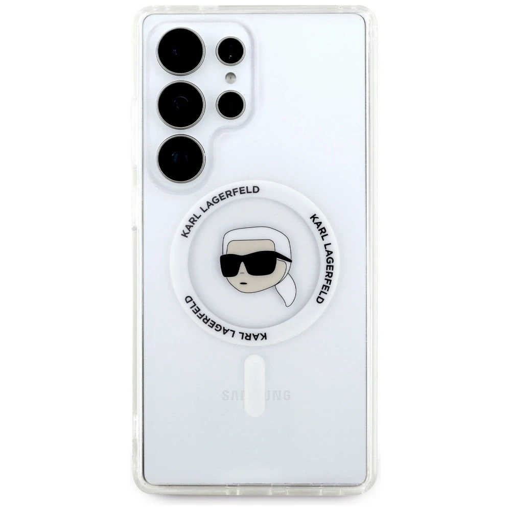 Dėklas Karl Lagerfeld Button Karl Head Printed Logo MagSafe Samsung Galaxy S25 Ultra baltos spalvos