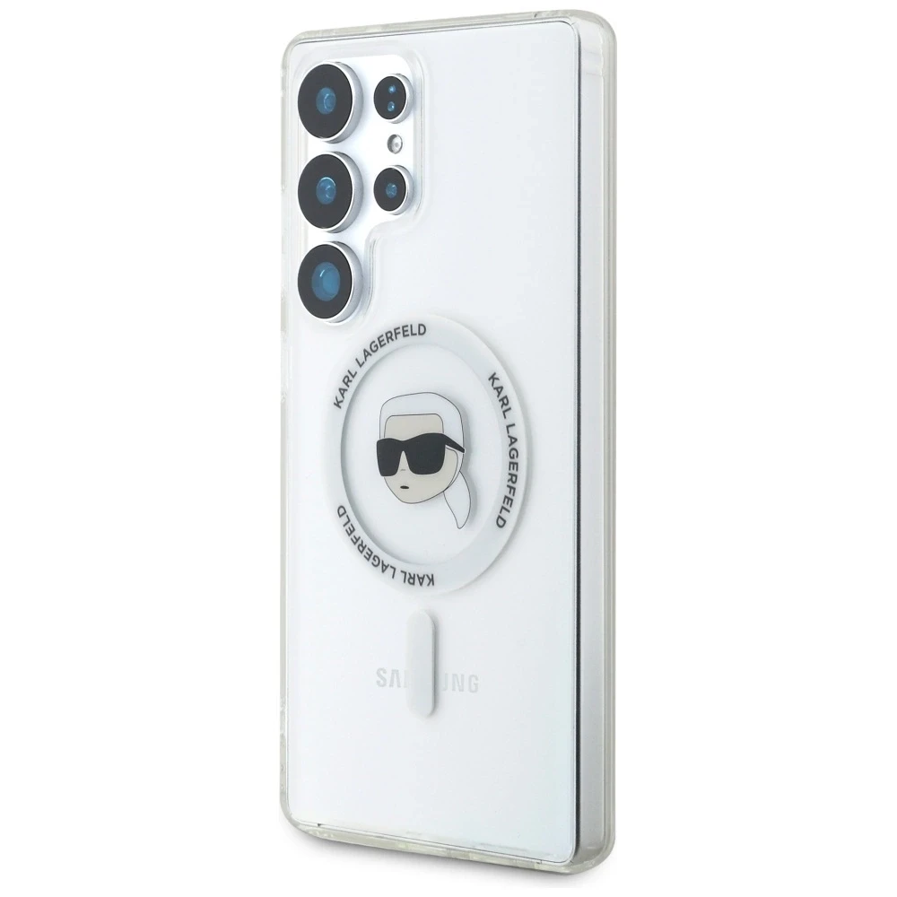 Dėklas Karl Lagerfeld Button Karl Head Printed Logo MagSafe Samsung Galaxy S25 Ultra baltos spalvos