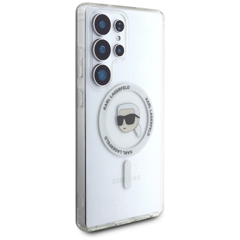 Dėklas Karl Lagerfeld Button Karl Head Printed Logo MagSafe Samsung Galaxy S25 Ultra baltos spalvos