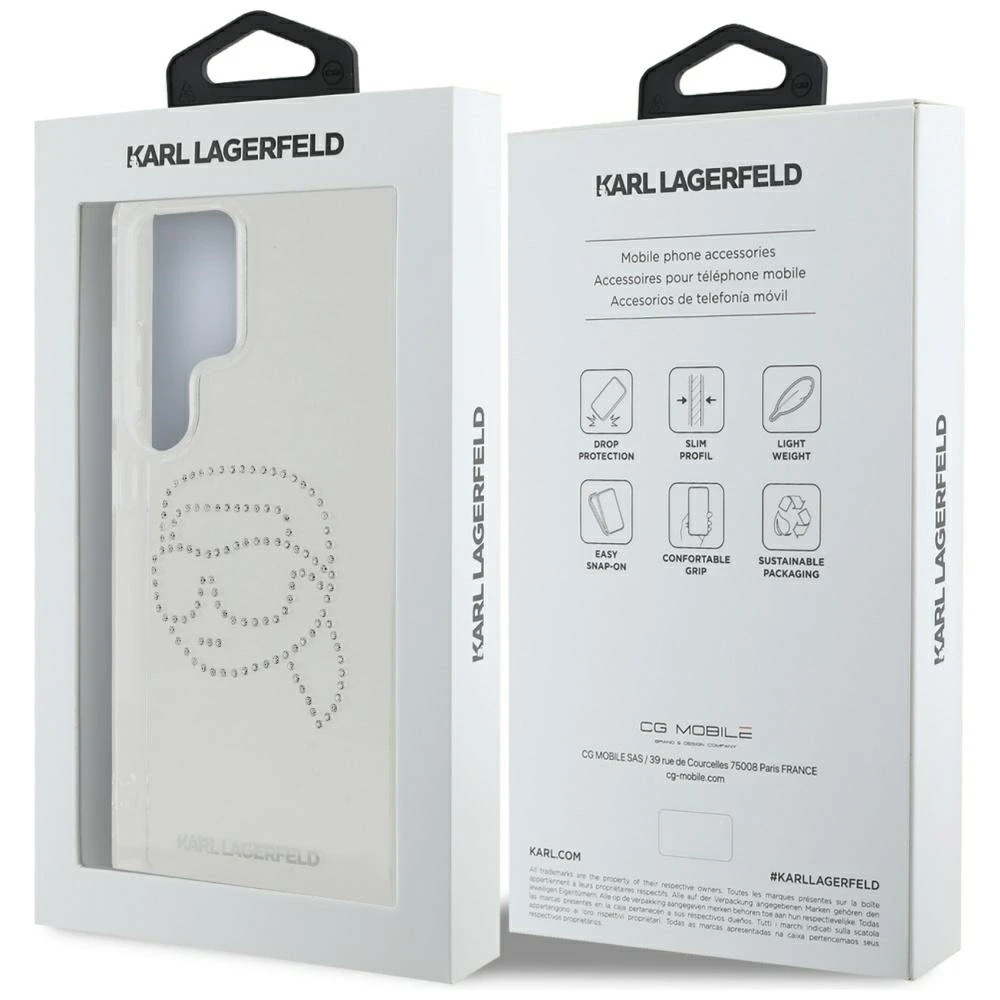Karl Lagerfeld Rhinestones Karl Head Logo Samsung Galaxy S25 Ultra dėklas telefonui skaidrus