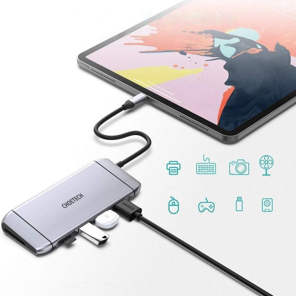 „Choetech 9in1“ daugiafunkcis USB C tipo šakotuvas – 3x USB 3.2 Gen 1 / SD ir TF atminties kortelių skaitytuvas / HDMI 4K 30Hz / VGA Full HD 60Hz / USB C tipo / RJ45 jungtis (HUB-M15 jungtis)