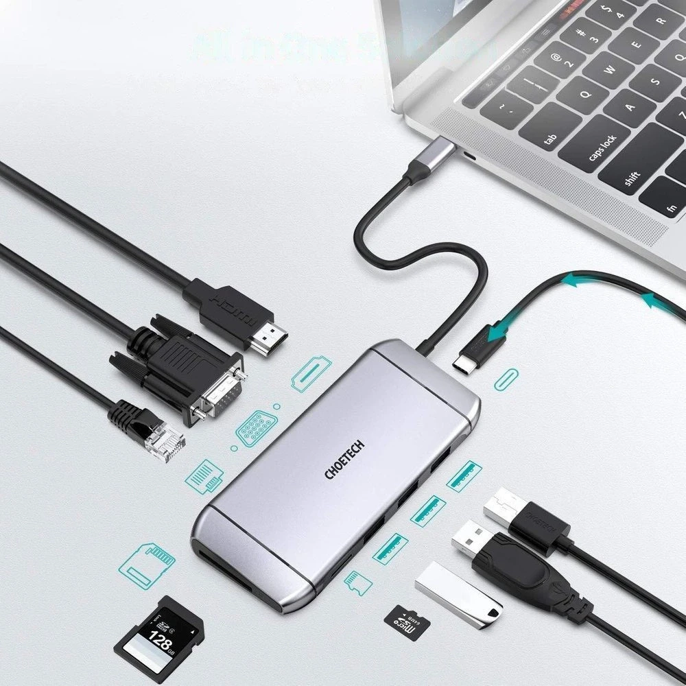 „Choetech 9in1“ daugiafunkcis USB C tipo šakotuvas – 3x USB 3.2 Gen 1 / SD ir TF atminties kortelių skaitytuvas / HDMI 4K 30Hz / VGA Full HD 60Hz / USB C tipo / RJ45 jungtis (HUB-M15 jungtis)