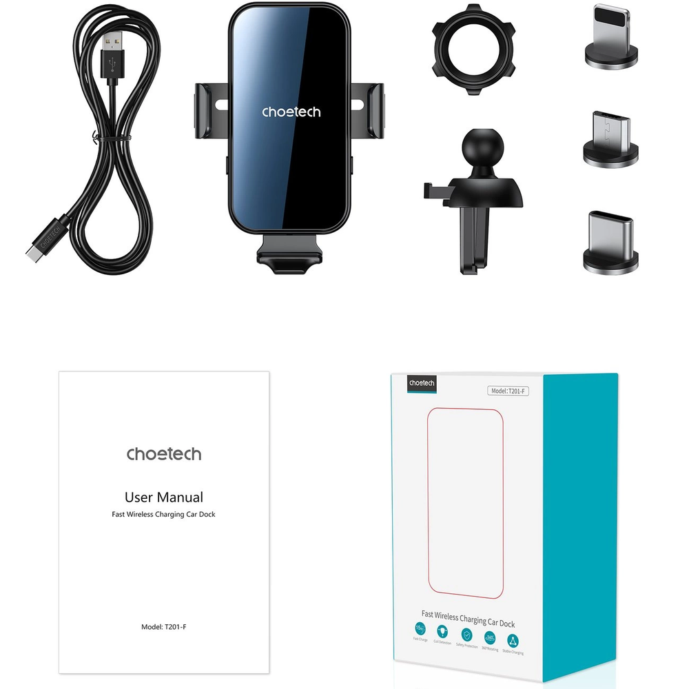 Automobilinis laikiklis-įkroviklis Choetech 15W Electric Car Wireless Charger With Magnetic Head T201-F juodas