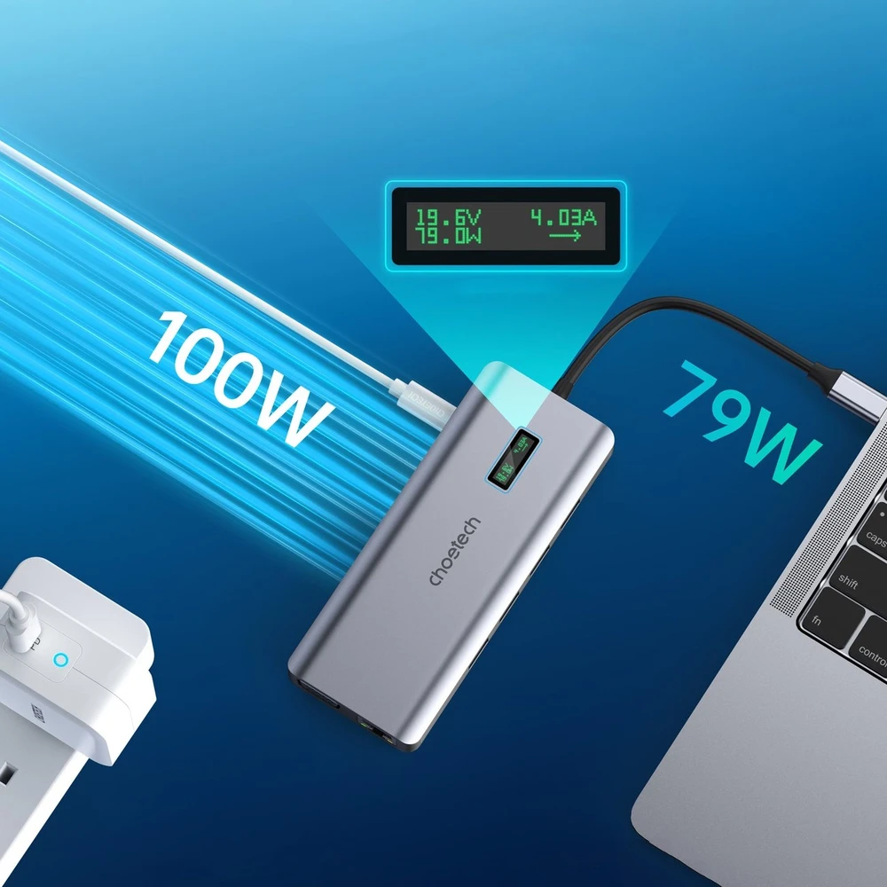 Adapteris 12in1 Choetech HUB-M26 USB-C for USB-C+ USB-A+ HDMI+ VGA+ AUX+ SD+ TF - Pilkas