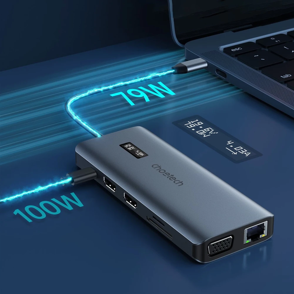 Adapteris 12in1 Choetech HUB-M26 USB-C for USB-C+ USB-A+ HDMI+ VGA+ AUX+ SD+ TF - Pilkas
