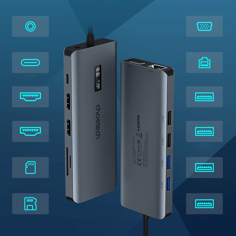Adapteris 12in1 Choetech HUB-M26 USB-C for USB-C+ USB-A+ HDMI+ VGA+ AUX+ SD+ TF - Pilkas