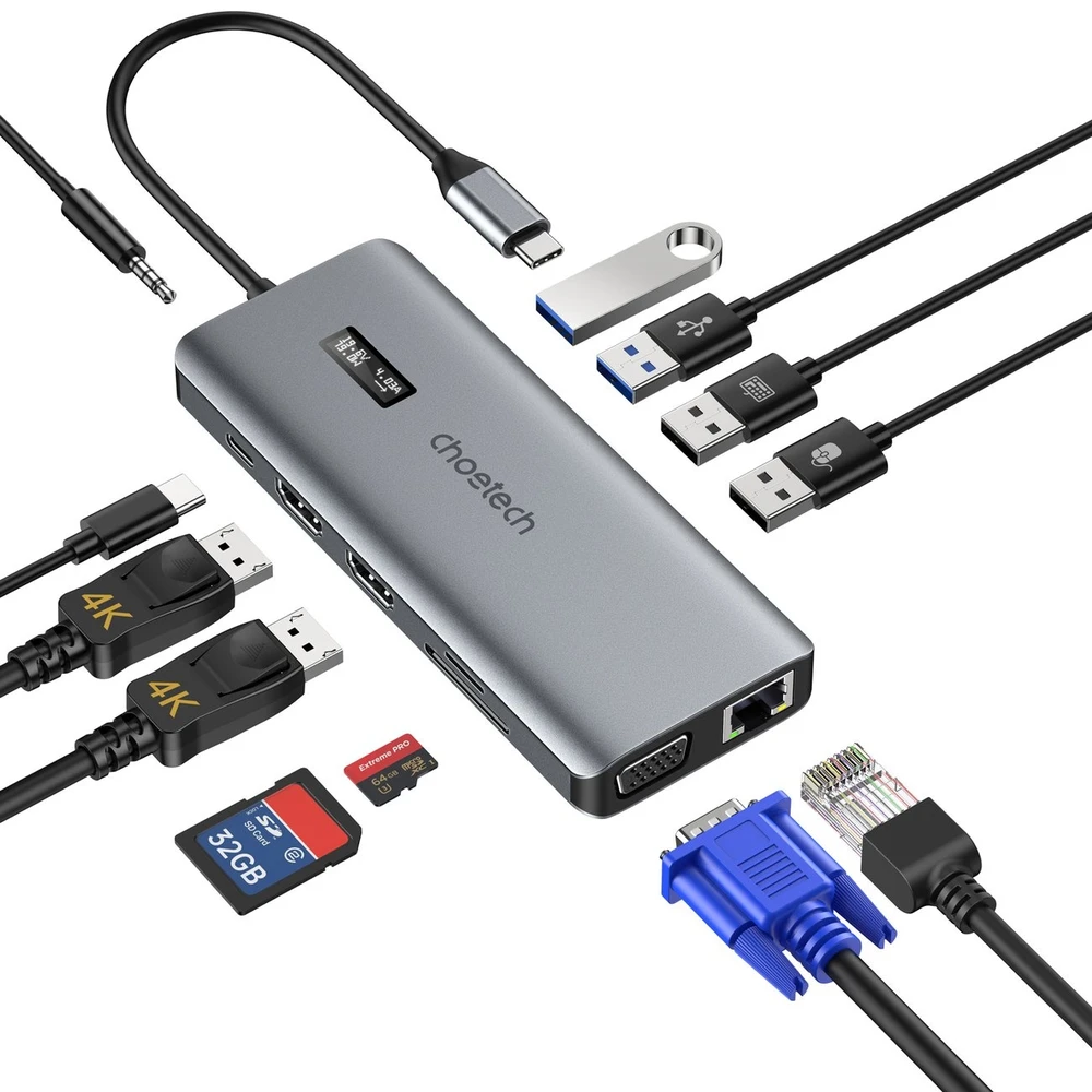 Adapteris 12in1 Choetech HUB-M26 USB-C for USB-C+ USB-A+ HDMI+ VGA+ AUX+ SD+ TF - Pilkas