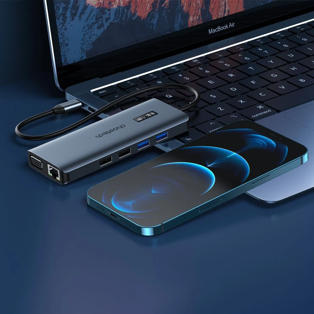 Adapteris 12in1 Choetech HUB-M26 USB-C for USB-C+ USB-A+ HDMI+ VGA+ AUX+ SD+ TF - Pilkas