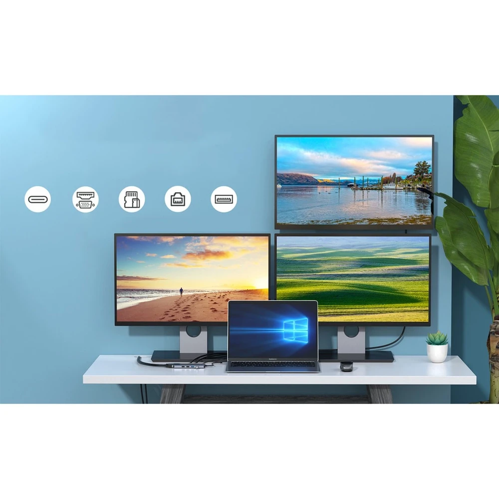 Adapteris 12in1 Choetech HUB-M26 USB-C for USB-C+ USB-A+ HDMI+ VGA+ AUX+ SD+ TF - Pilkas