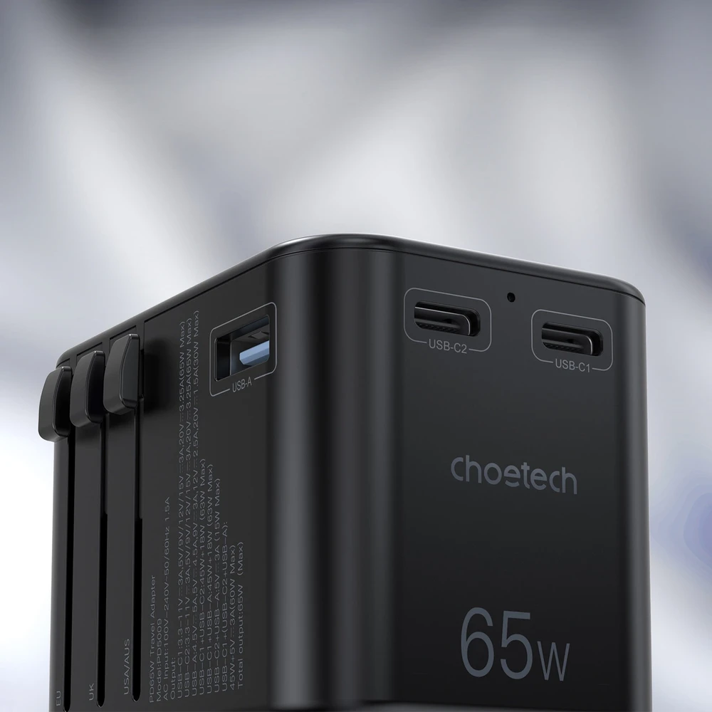 Universalus kelioninis įkroviklis Choetech PD5009 65W 2xUSB-C/USB-A juodas